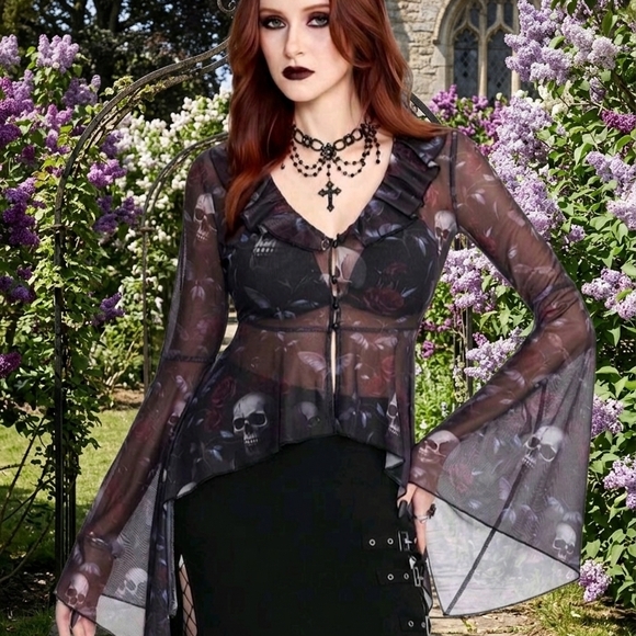 Hot Topic Tops - Hot Topic Black Sheer Gothic Skull Ruffle Camisole Top